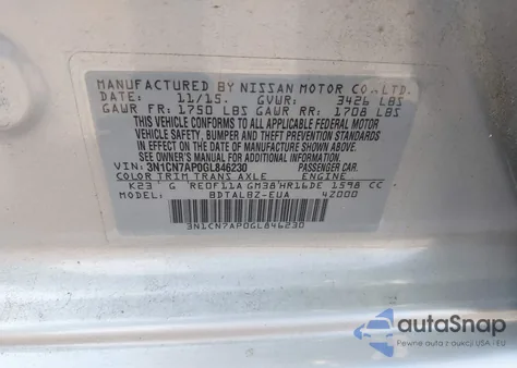 2016 Nissan Versa 1.6 Sv from USA, damaged, VIN 3N1CN7AP0GL846230